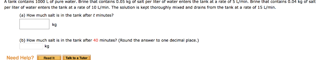 A Tank Contains 1000 L Of Pure Water Brine That Chegg 