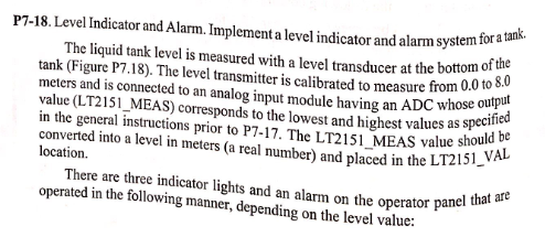 P7-18.Level Indicator and Alam.Implement a level indicator and alarm system fora an. The liquid tank level is measured with a