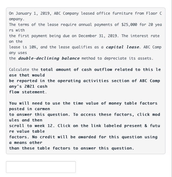 Solved On January 1 2019 Abc Company Leased Office Furn