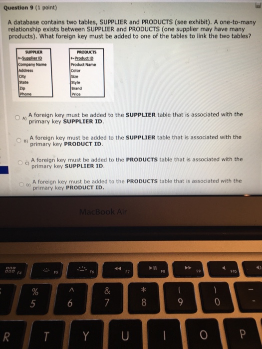 Question 9 (1 point) A database contains two tables, SUPPLIER and PRODUCTS (see exhibit). A one-to-many relationship exists between SUPPLIER and PRODUCTS (one supplier may have many products).What foreign key must be added to one of the tables to link the two tables? SUPPLIER Product Product Name Color Size Style Brand Company Name State Zip , A foreign key must be added to the SUPPLIER table that is associated with the primary key SUPPLIER ID O A) A foreign key must be added to the SUPPLIER table that is associated with the primary key PRODUCT ID O B) o à A foreign key must be added to the PRODUCTS table that is associated with the primary key SUPPLIER ID O D) A foreign key must be added to the PRODUCTS table that is associated with the primary key PRODUCT ID. FS B8 0