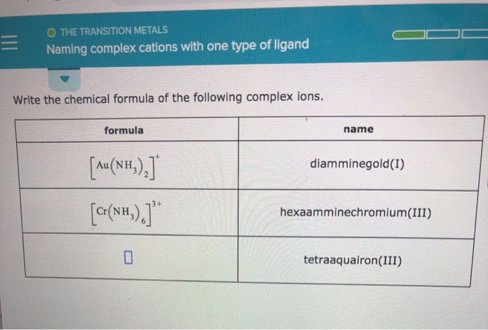 Solved O The Transition Metals Naming Complex Cations Wit Chegg Com