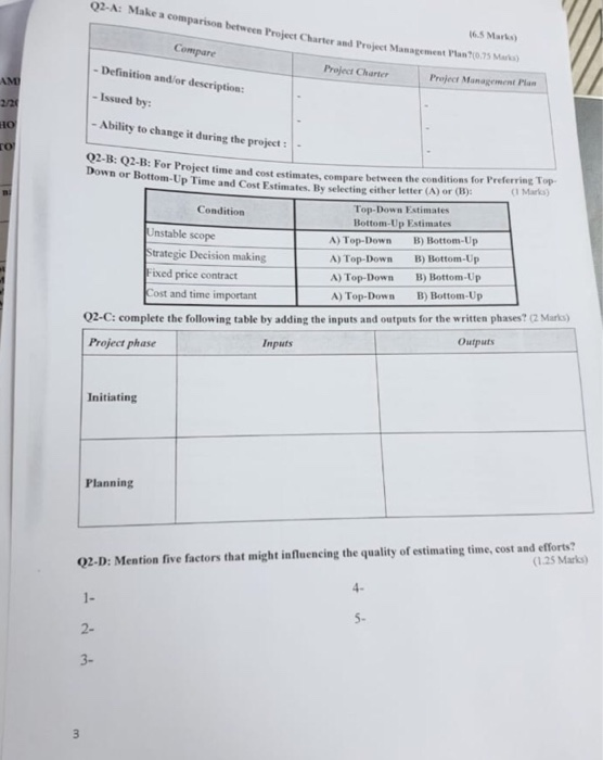 Q2-A: Make a comparison between Project Charter and Project 6. S Marks) Management Plan7(0.75 Mak) Preject Charter Project Ma