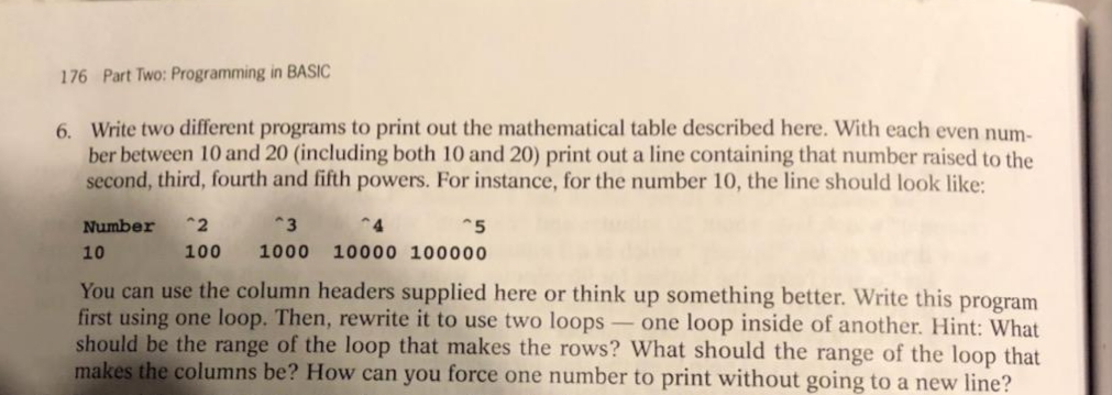 Part Two: Programming in BASIC 176 6. Write two different programs to print out the mathematical table described here. With e