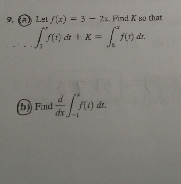 Solved Let F X 3 2x Find K So That Integral 2 X F T Chegg Com