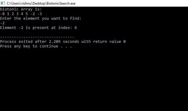 CUsers vishnuDesktop Bioarch.exe biotonic Array is: 8 1 2 3 4 5 -2 -3 Enter the element you want to find: Element -2 is present at index: 6 Process exited after 2.209 seconds with return value e ess any key to continue
