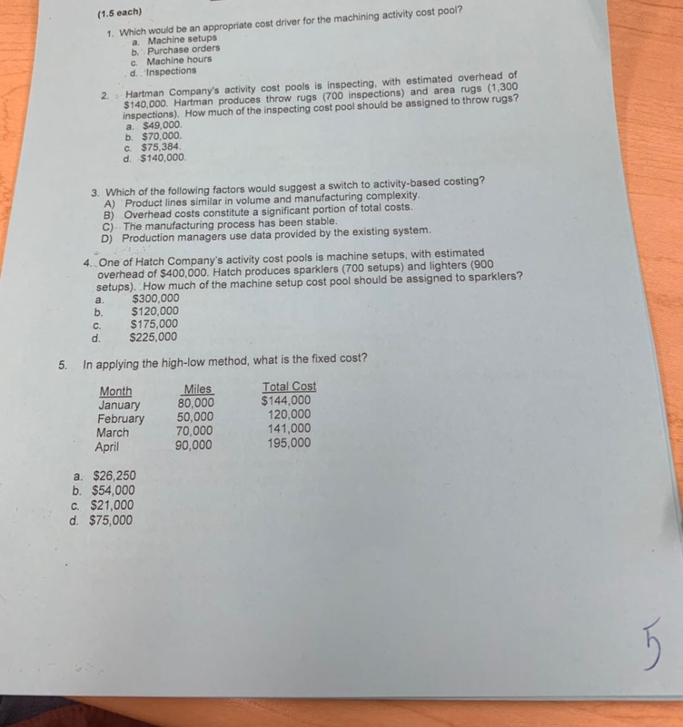 Solved (1.5 Each) 1. Which Would Be An Appropriate Cost D