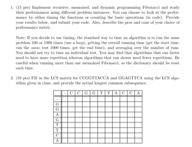 1 (15 pts) Implement recursive, memoized, and dynamic programming Fibonacci and study their performances using different prob