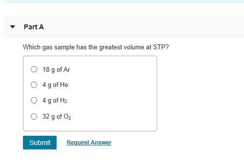 Solved Part A Which Gas Sample Has The Greatest Volume At | Chegg.com Solved Part A Which Gas Sample Has The Greatest Volume At | Chegg.com