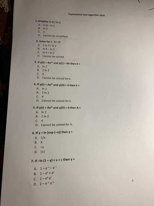 Solved Exponential And Logarithm Quiz 1 Simplify In 8 Chegg Com