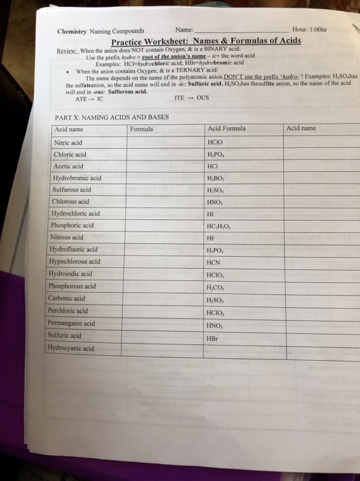 naming acids worksheet key