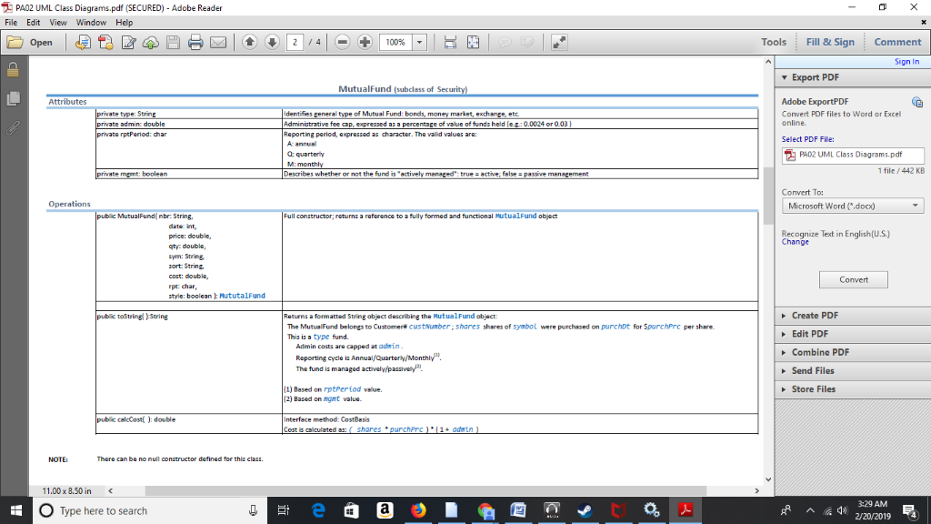 PA02 UML Class Diagrams.pdf (SECURED) - Adobe Reader File Edit View Window Help Tools Fill 8 Sign Comment Sign In Export PDF