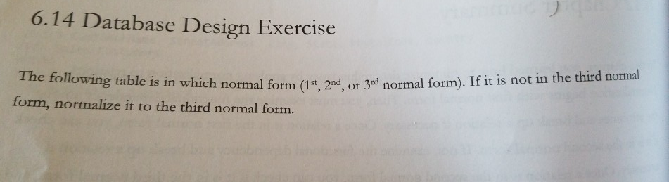 6.14 Database Design Exercise e tollowing table is in which normal form (1st, 2nd, or 3rd normal form). If it is not in the f