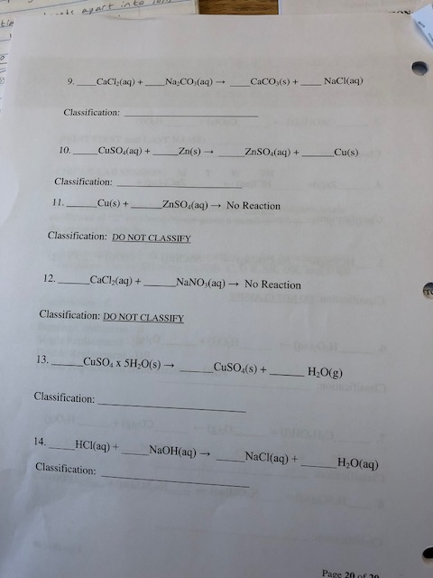 classifying chemical reactions post lab questions