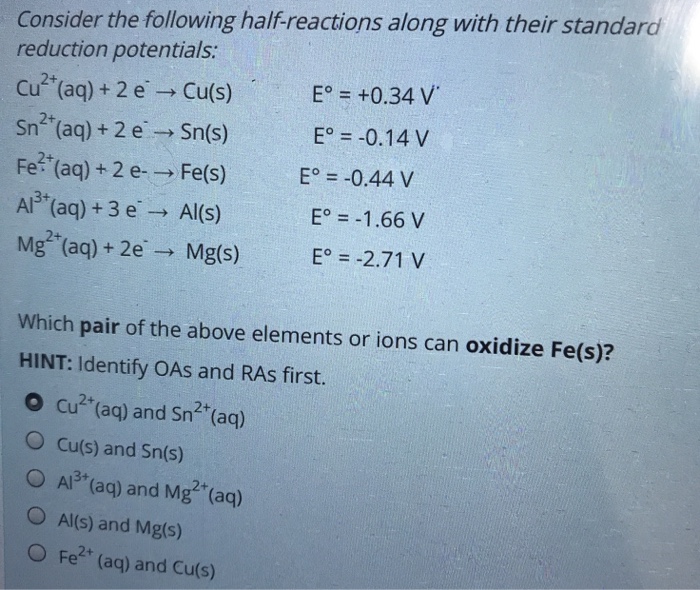 Solved Consider The Following Half Reactions Along With T Chegg Com