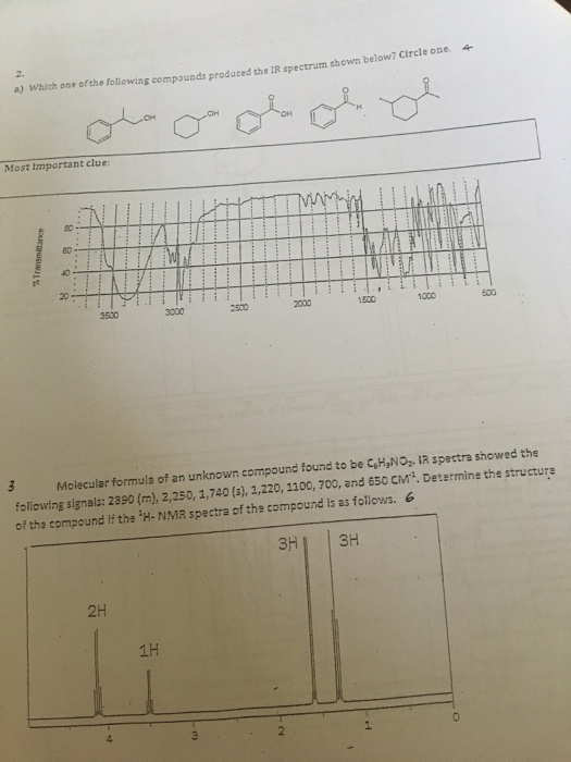 a) Which one of the following compounds produced the IR spectrum shown below? Circle one. Most important clue 80 40 - 20 5500 2500 2000 1500 1000 Molecular formula of an unknown compound found to be CHgNO IR spectra showed the follawing signala: 2890 (m), 2,250, 1,740 (s), 1,220, 1100, 700, and 650 cM. Determine the structure of the compound if the H-NMR spectra of the compound is as follows. 3H 3H 2H 1H
