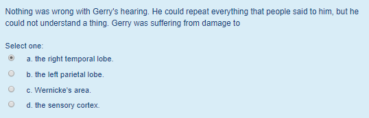 Nothing was wrong with Gerrys hearing. He could repeat everything that people said to him, but he could not understand a thing. Gerry was suffering from damage to Select one: O O O a. the right temporal lobe. b. the left parietal lobe. c. Wernickes area. d. the sensory cortex.