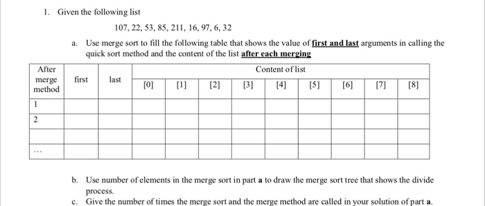 Given the following list 1. 107, 22, 53, 85, 211, 16, 97, 6, 32 a. Use merge sort to fill the following table that shows the