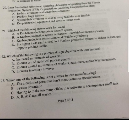 Solved D A Decrease In Waste 20 Lean Production Refers Chegg Com
