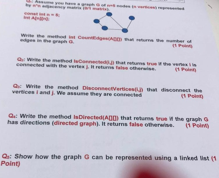 G: Assume you have a graph G of n-5 nodes (n vertices) represented by nn adjacency matrix (0/1 matrix) const int n 5; int An