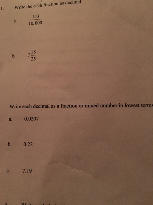 Solved 1. Write the each fraction as decimal. 153 10,000 a 