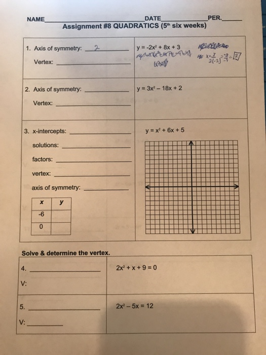 Solved Name Date Per Assignment 8 Quadratics 5th Six Chegg Com