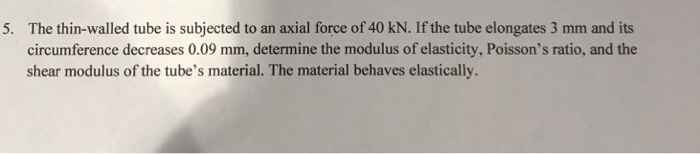 The thin-walled tube is subjected to an axial force of 40 kN. If the tube elongates 3 mm and its circumference decreases 0.09