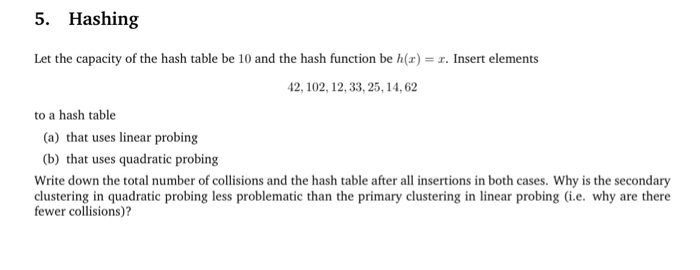 5. Hashing Let the capacity of the hash table be 10 and the hash function be h(z) z. Insert elements 42, 102, 12, 33,25, 14, 62 to a hash table (a) that uses linear probing (b) that uses quadratic probing Write down the total number of collisions and the hash table after all insertions in both cases. Why is the secondary clustering in quadratic probing less problematic than the primary clustering in linear probing (i.e. why are there fewer collisions)?