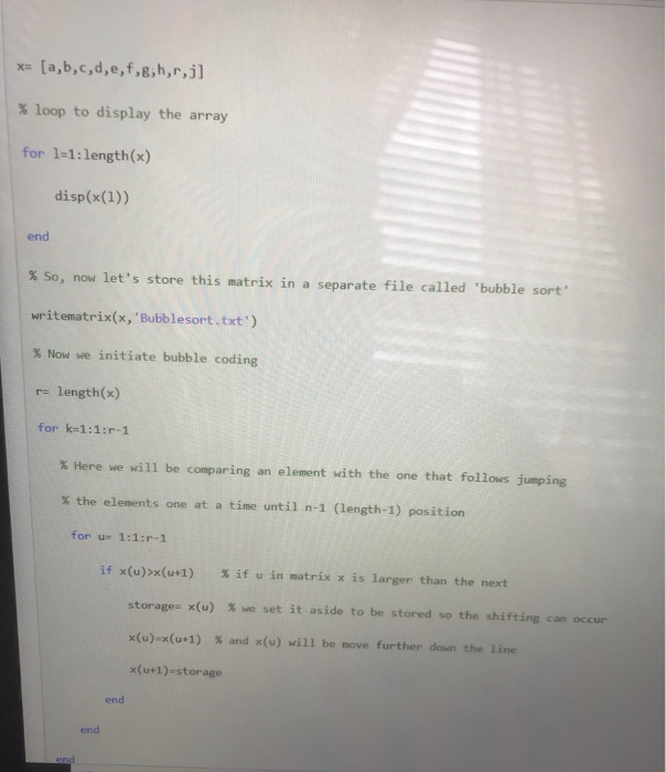 Solved Create Matlab Flow Chart Based Onthe Following Bubble Sorting Code Q