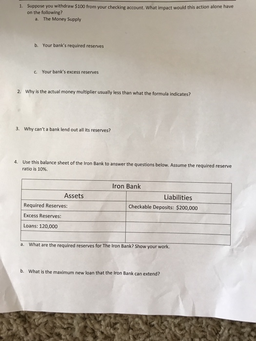 Solved 1 Suppose You Withdraw 100 From Your Checking Ac