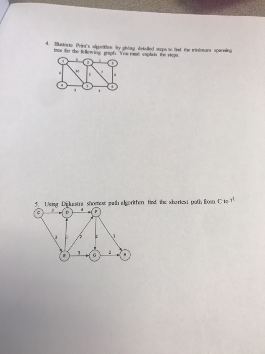 4. Ilustrate Prims algorithm by giving detailed steps to find the minimum spanning tree for the following graph You must ex