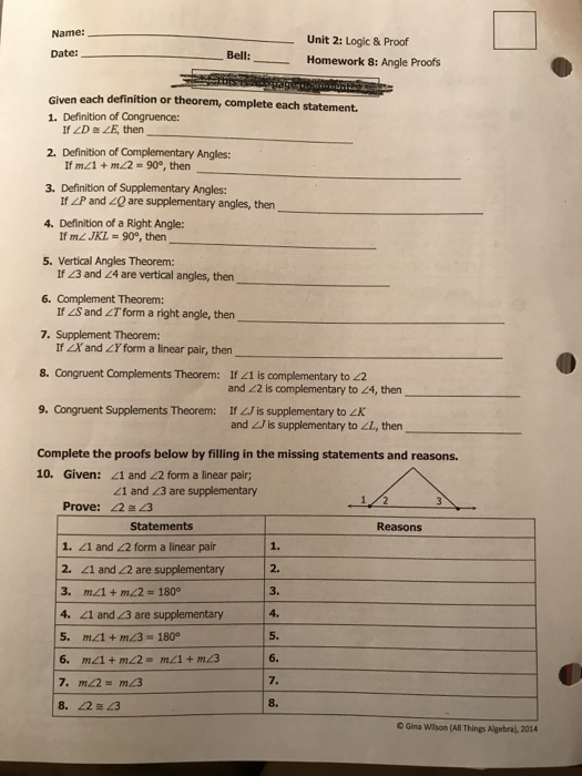 Solved: Name: Unit 2: Logic & Proof Homework 8: Angle Proo ...