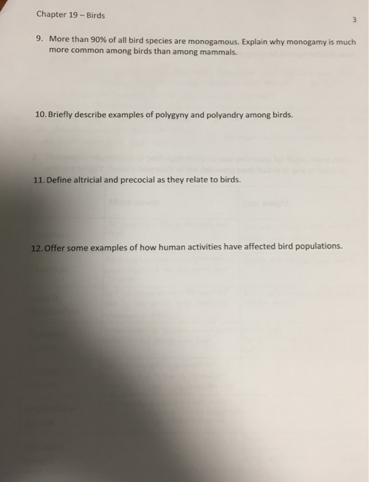 Chapter 19-Birds 9. More than 90% of all bird species are monogamous. Explain why monogamy is much more common among birds than among mammals. 10. Briefly describe examples of polygyny and polyandry among birds. 11. Define altricial and precocial as they relate to birds 12. Offer some examples of how human activities have affected bird populations