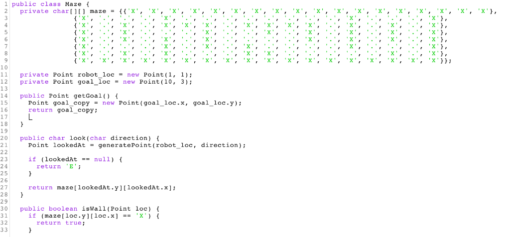 1 public class Maze { private char [ ] [ ] maze {{X, x, x, x, .x, x, x, x, x, x, x, x, x, .x, x,