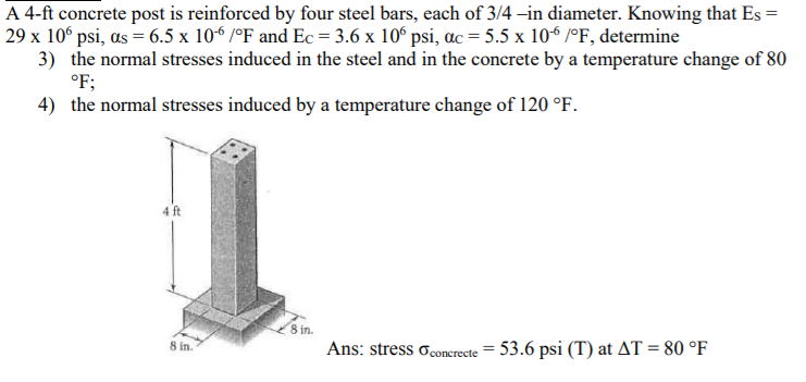 Solved A 4 Ft Concrete Post Is Reinforced By Four Steel B Chegg Com