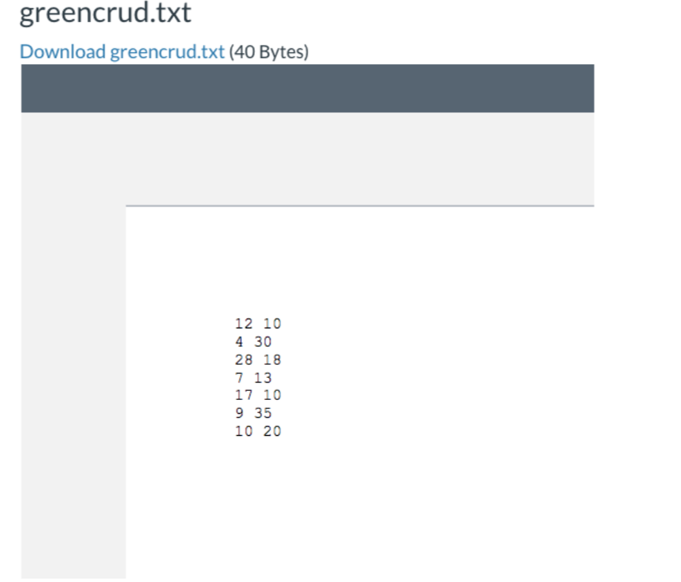 greencrud.txt Download greencrud.txt (40 Bytes) 12 10 4 30 28 18 7 13 17 10 9 35 10 20