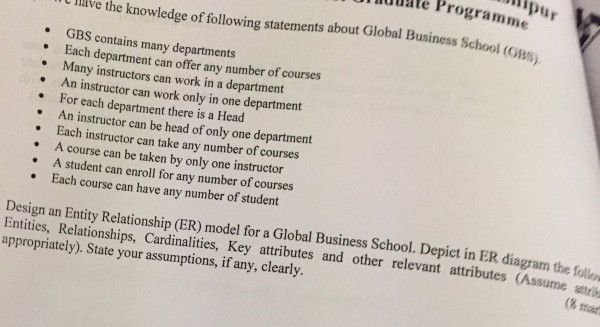 lipur lunate Programme nave the knowledge of following statements about Global Business School (s GBS contains many departments Each department can offer any number of courses e Many instructors can work in a department An instructor can work only in one department * .For each department there is a Head . An instructor can be head of only one department Each instructor can take any number of courses A course can be taken by only one instructor . A student can enroll for any number of courses Each course can have any number of student . Design an Entity Relationship (ER) model for a Global Business School. Depict in ER diagram th Entities, Relationships, Cardinalities, Key attributes and other relevant attributes (Assume follay appropriately). State your assumptions, if any, clearly. (& mart