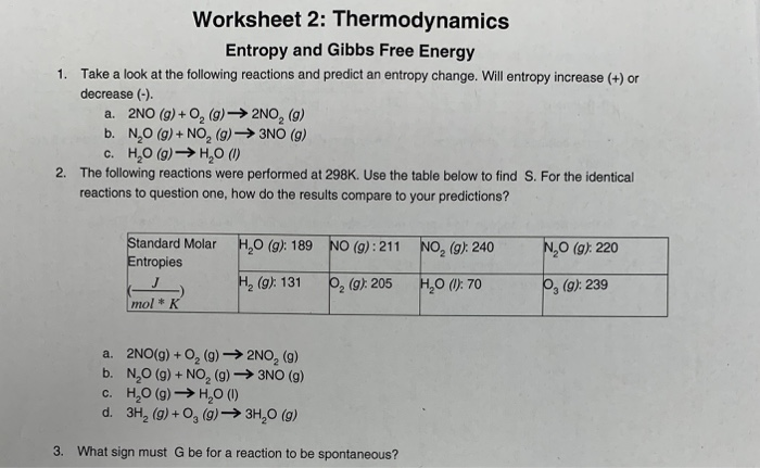 Solved Worksheet 2: Thermodynamics Entropy and Gibbs Free | Chegg.com