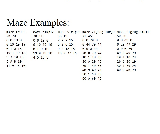 Maze Examples: maze-simple maze-stripes maze-zigzag-large maze-zigzag-small 20 11 0 0 19 0 maze-cross 20 20 0 0 19 0 0 19 19