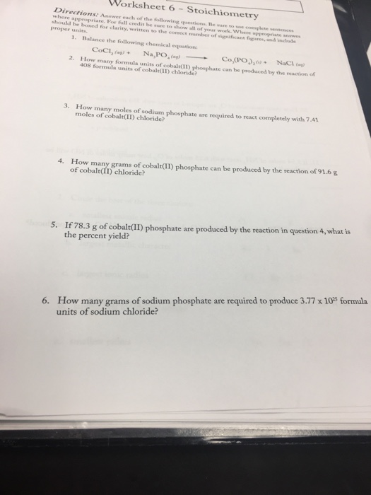 Solved Worksheet 6 - Stoichiometry Directions: Answer each | Chegg.com