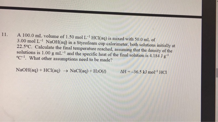 11 A 100 0 Ml Volume Of 1 50 Mol L 1 Hcl Aq Is Chegg Com