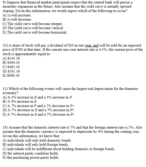 Solved 9 Suppose That Financial Market Participants Expe
