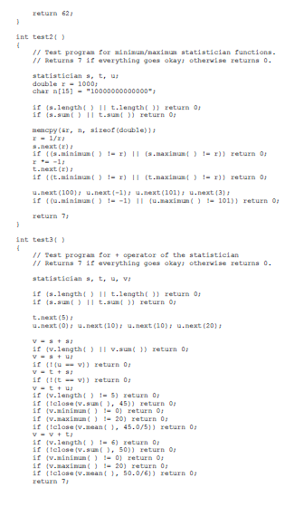 return 62 int test21 Test progran for ainizun/aximus atatistieian functions Returns 7 i2 everything goes okays otherwise retU