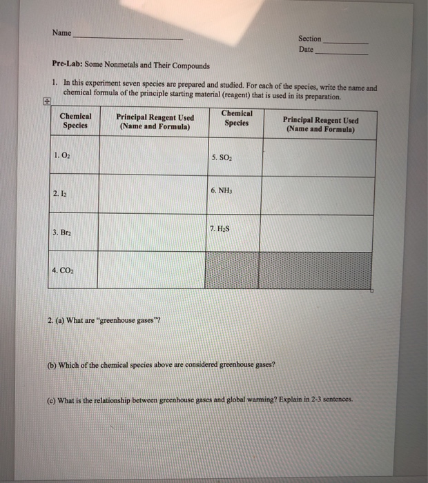 Solved Name Section Date Pre Lab Some Nonmetals And Their Chegg Com