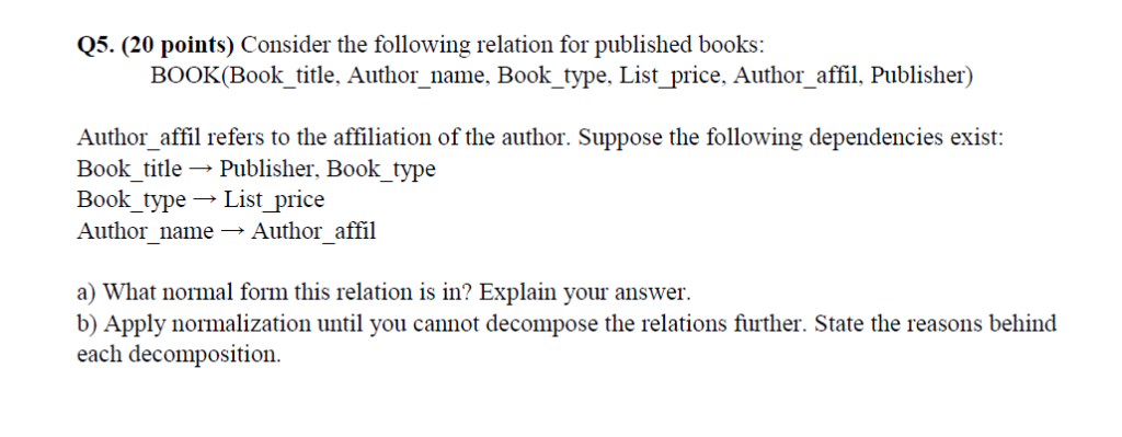 Q5. (20 points) Consider the following relation for published books: BOOK(Book_title, Author_name, Book_type, List price, Aut