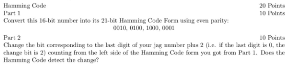 Hamming Code Part 1 Convert this 16-bit number into its 21-bit Hamming Code Form using even parity: 20 Points 10 Points 0010,