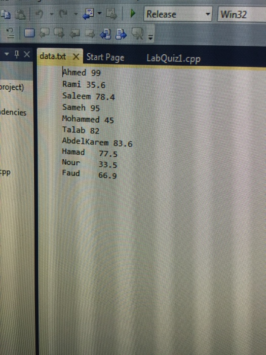 Win32 Release data.txt X Start Page LabQuizl.cpp Ahmed 99 Rami 35.6 Saleem 78.4 Sameh 95 Mohammed 45 Talab 82 AbdelKarem 83.6