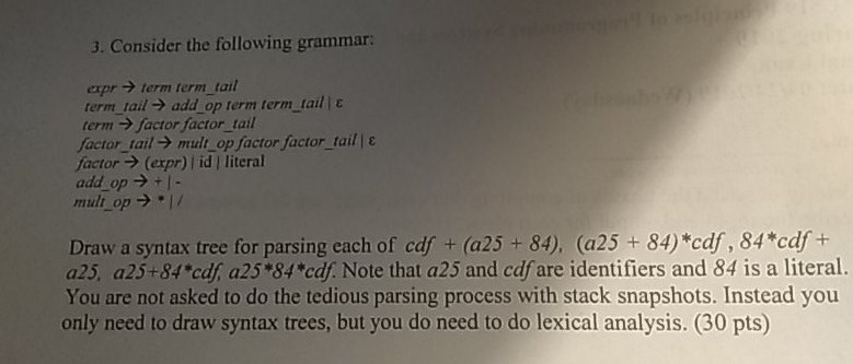 3. Consider the following grammar: expr term term tail term-tail-) add-op term term-ail 1 ε term → factor factor-tail factor.