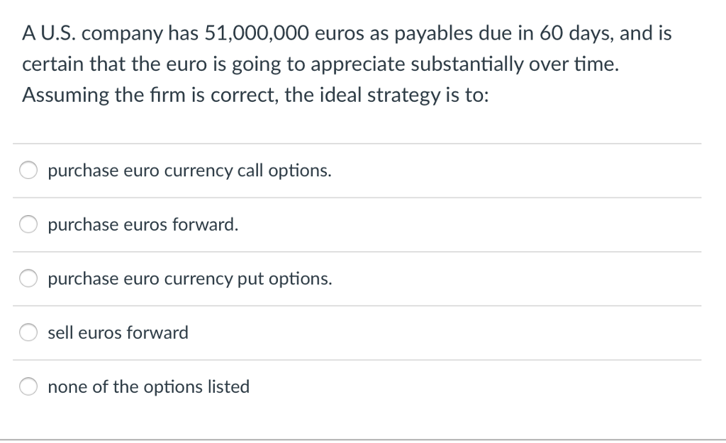 Solved A U S Company Has 51 000 Euros As Payables Du A U S Company Has 51 000 Euros As Payables Due In 60 Days And Is Certain