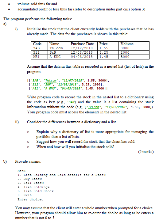 volume sold thus far and accumulated profit or loss thus far (refer to description under part cii option 3) The program perfo