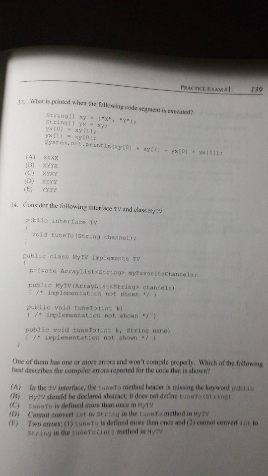 Solved Practice Exam 1 139 Printed Following Code Segment Executed String Xy X Y String Yx Xy Yx Q Solved Practice Exam 1 139 Printed Following Code Segment Executed String Xy X Y String Yx Xy Yx Q